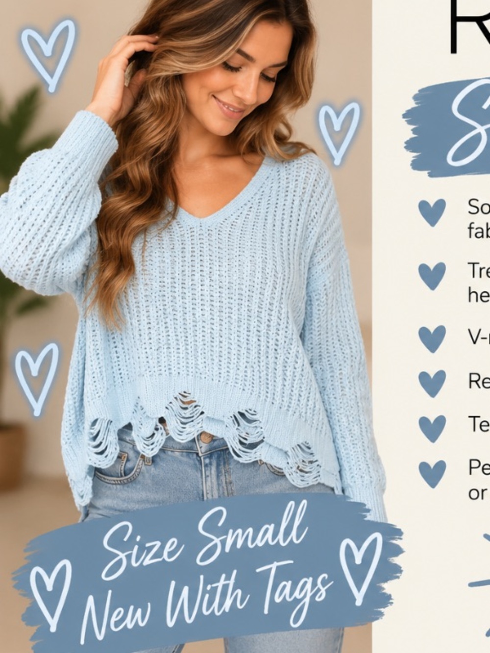 Rue21 Light Blue Distressed V-Neck Oversized Knit Sweater Women’s Small NWT